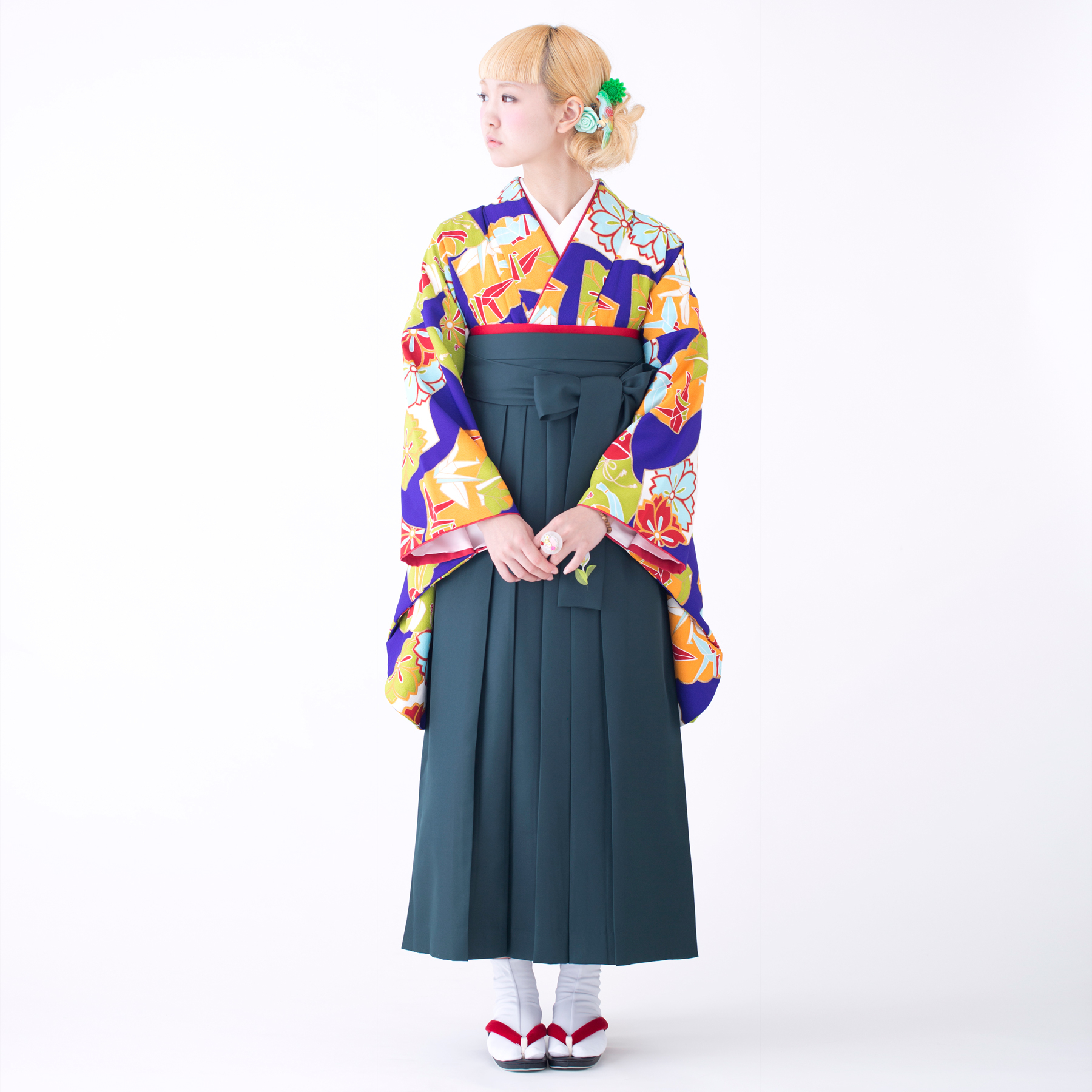 扇に折り鶴/紺（袴：2way袴／緑） | 【公式】モダンアンテナの卒業袴