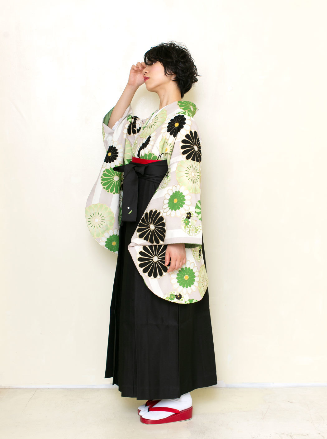 菊ストライプ/黄緑【JAPAN STYLE×中村里砂】（袴：2way袴／黒