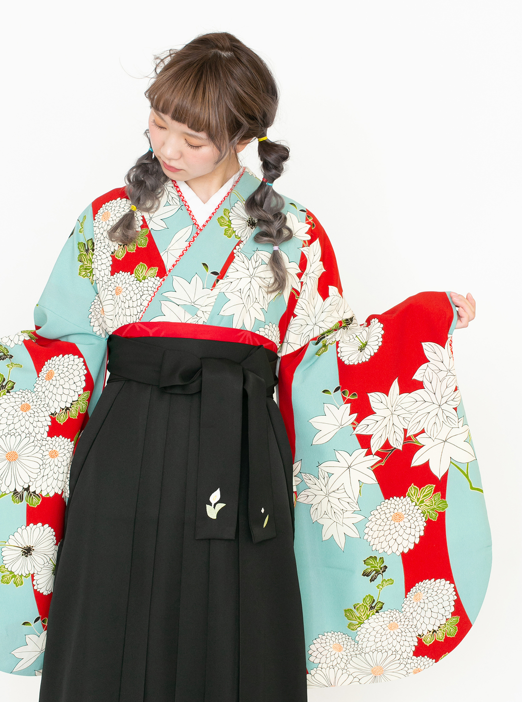 紅葉に菊/水色×赤【九重】（袴：2way袴／黒） | 【公式】モダン