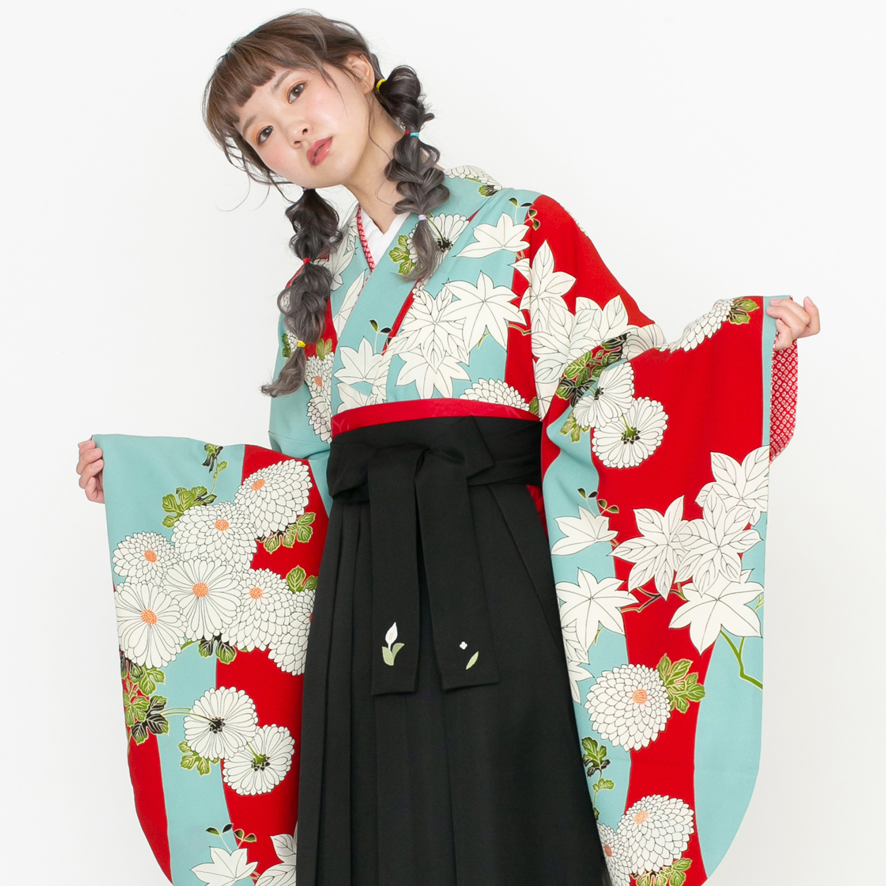 紅葉に菊/水色×赤【九重】（袴：2way袴／黒） | 【公式】モダン