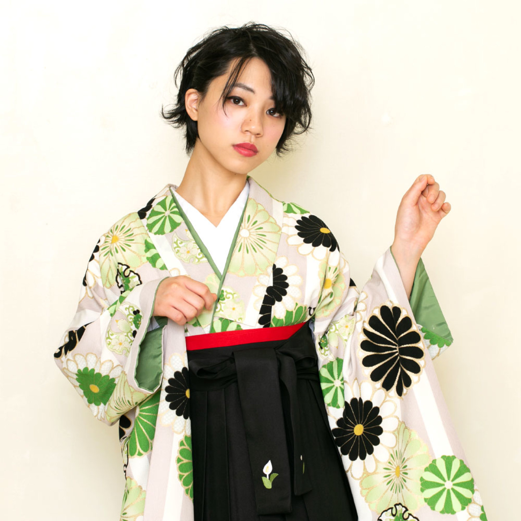 菊ストライプ/黄緑【JAPAN STYLE×中村里砂】（袴：2way袴／黒