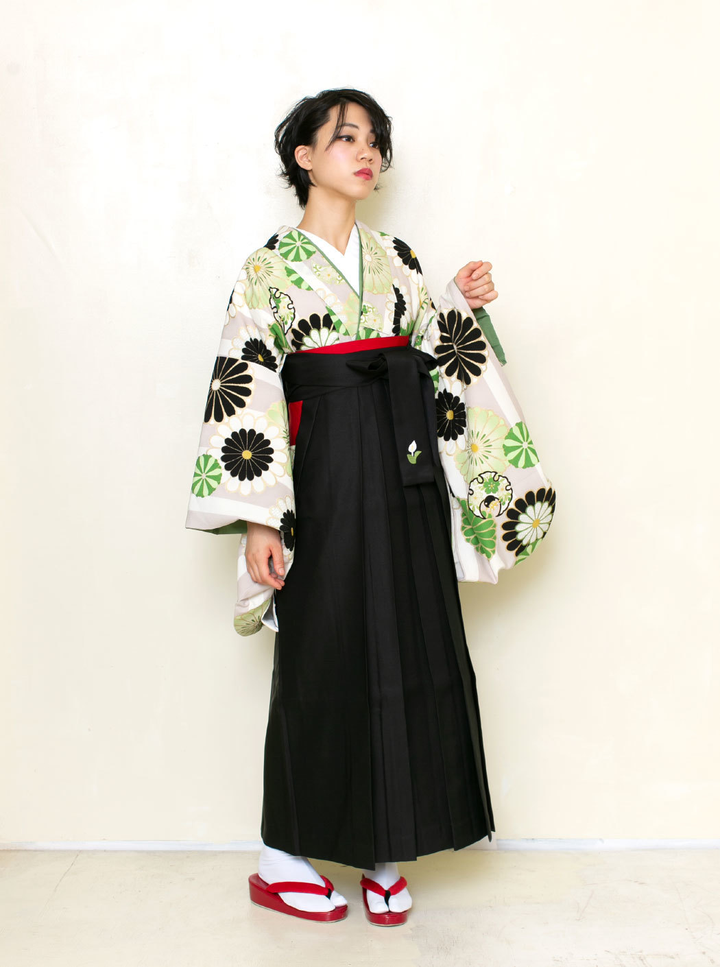 菊ストライプ/黄緑【JAPAN STYLE×中村里砂】（袴：2way袴／黒