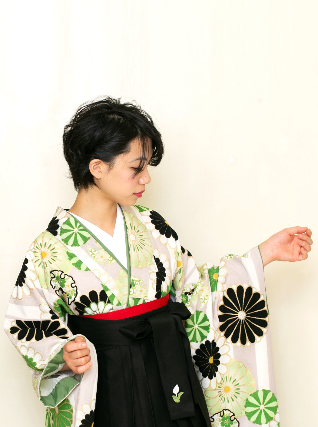 菊ストライプ/黄緑【JAPAN STYLE×中村里砂】（袴：2way袴／黒